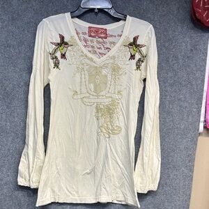 JWLA long sleeve embroidered V neck birds multi colored cotton shirt M